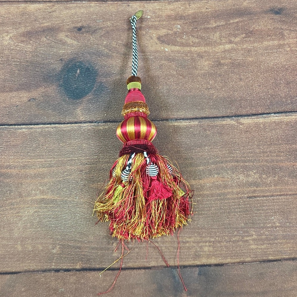 MacKenzie-Childs Tassel Ornament Red Gold Good Whimsical Beaded Fringe Decor